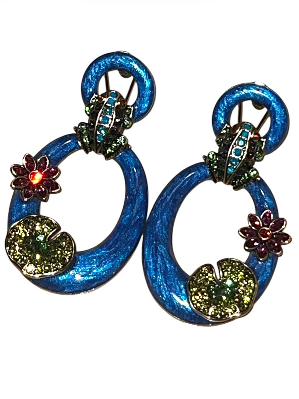 Rare Heidi Daus Blue Floral Hoop Drop Crystal Earrings Gold Tone Frog Earrings